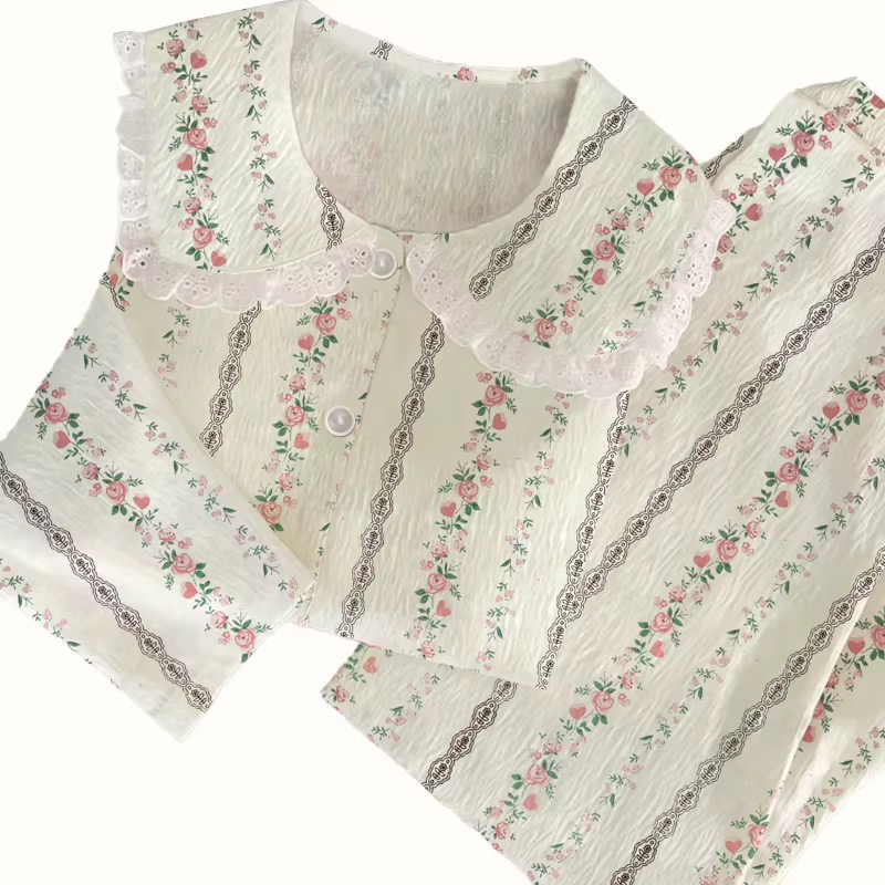 napslay Cottage Girl fall pajama set with rose print and white eyelet lace collar